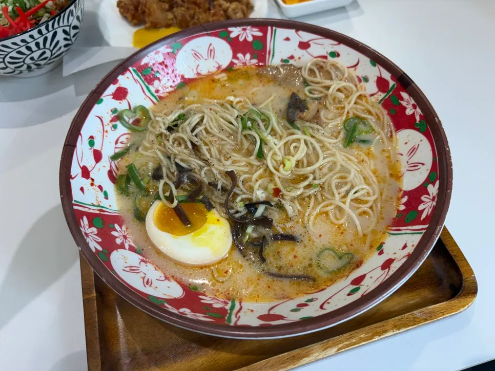 Close-up of the spicy karai ramen broth