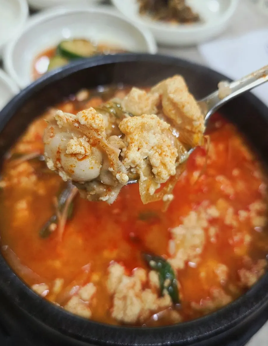 Spicy sundubu broth with shrimp and squid