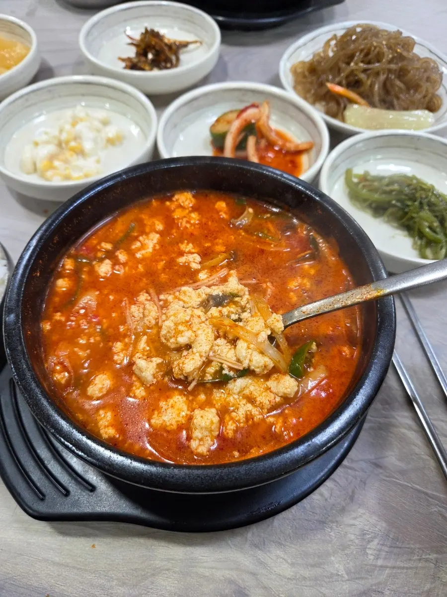 Vertical shot of the spicy sundubu at Jinsol Halmeoni Sundubu