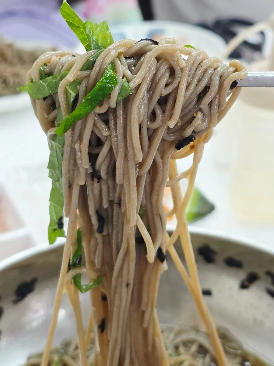 孩子津津有味地吃香油荞麦面