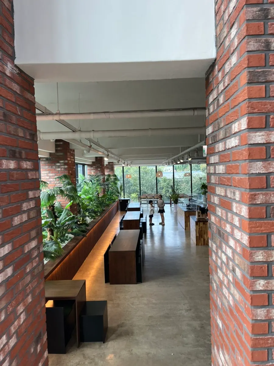 Inside Cafe Neorae with plants and floor-to-ceiling windows