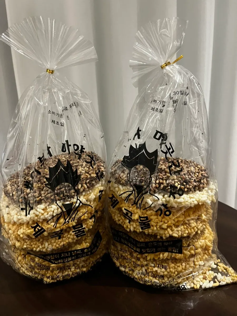 Gangjeong packaged in a clear bag tied with a bread tie