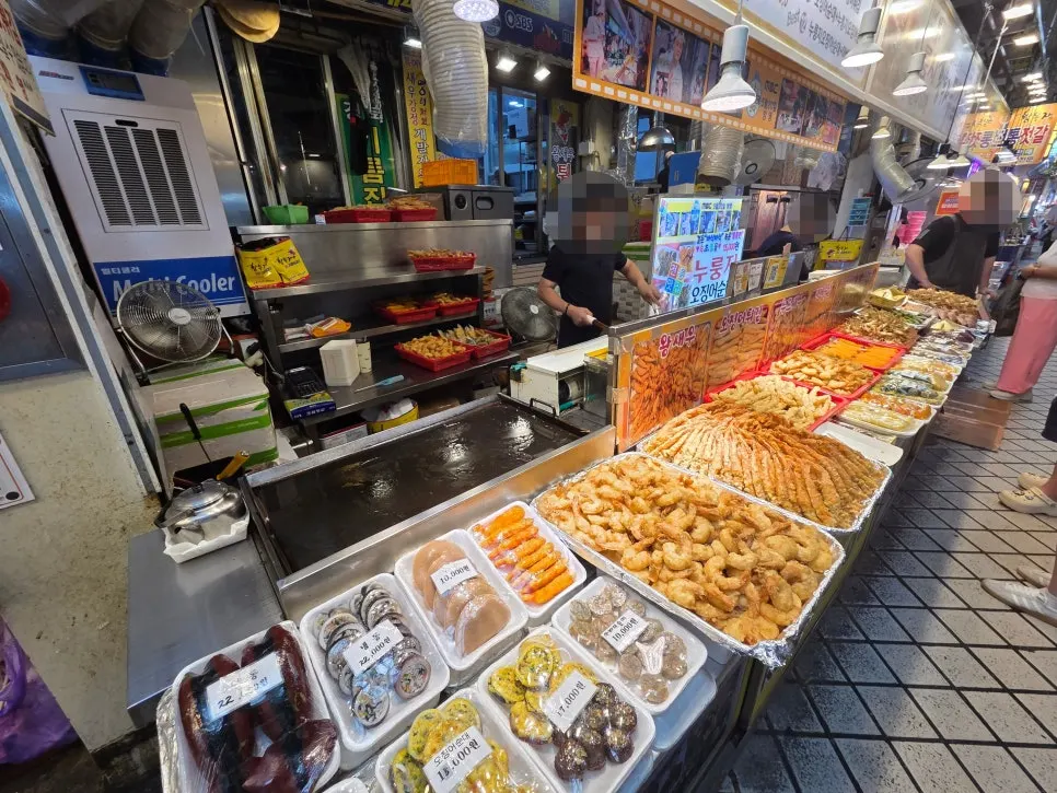 Display case of tempura and sundae at Sokcho Jungang Market