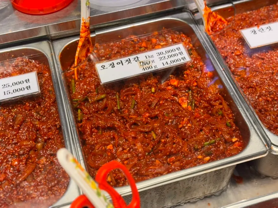 A collection of jeotgal varieties at Hwangbuja Jeotgal
