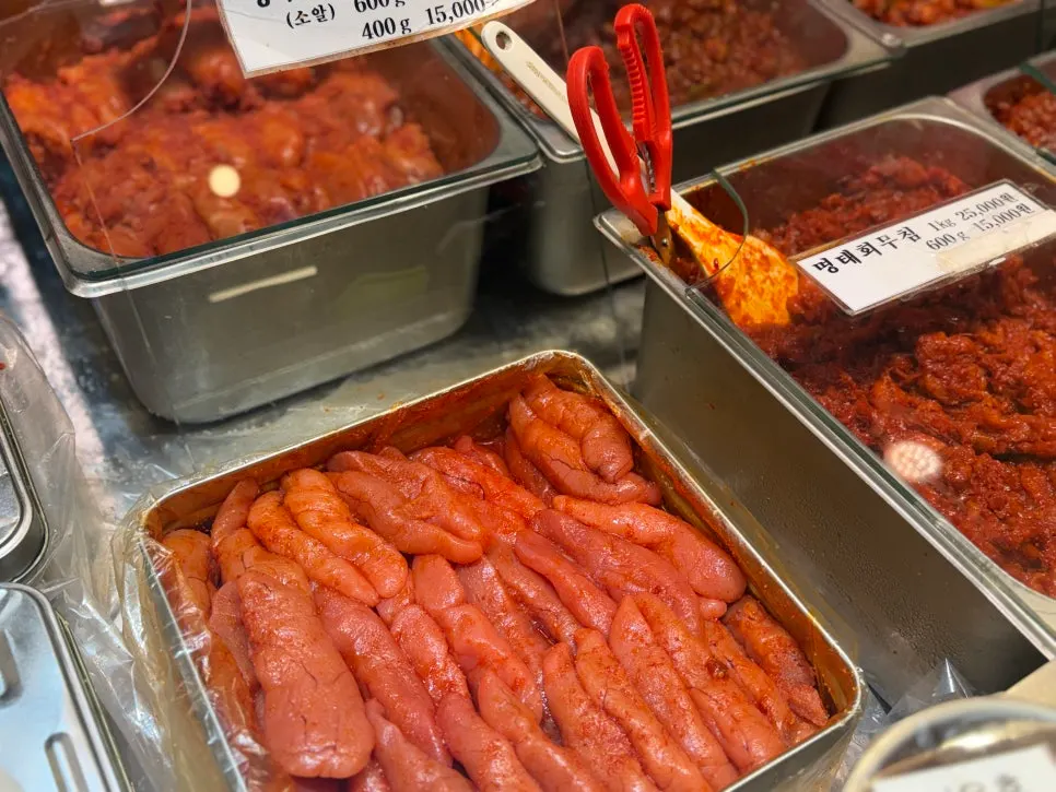 Salted seafood available to sample at Hwangbuja Jeotgal