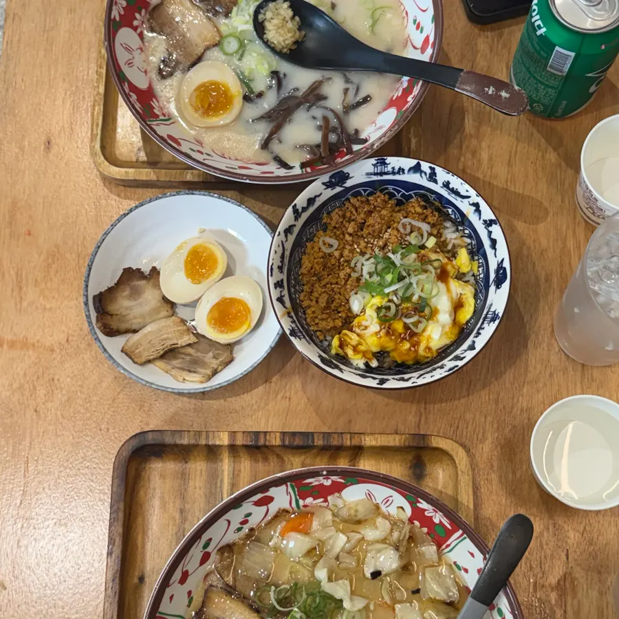 Ramen and side dish spread at Ichiba Ramen