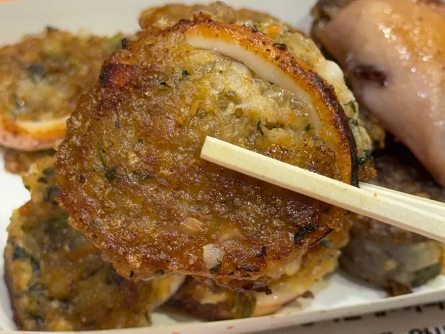 Cross-section of golden-fried nurungji squid sundae