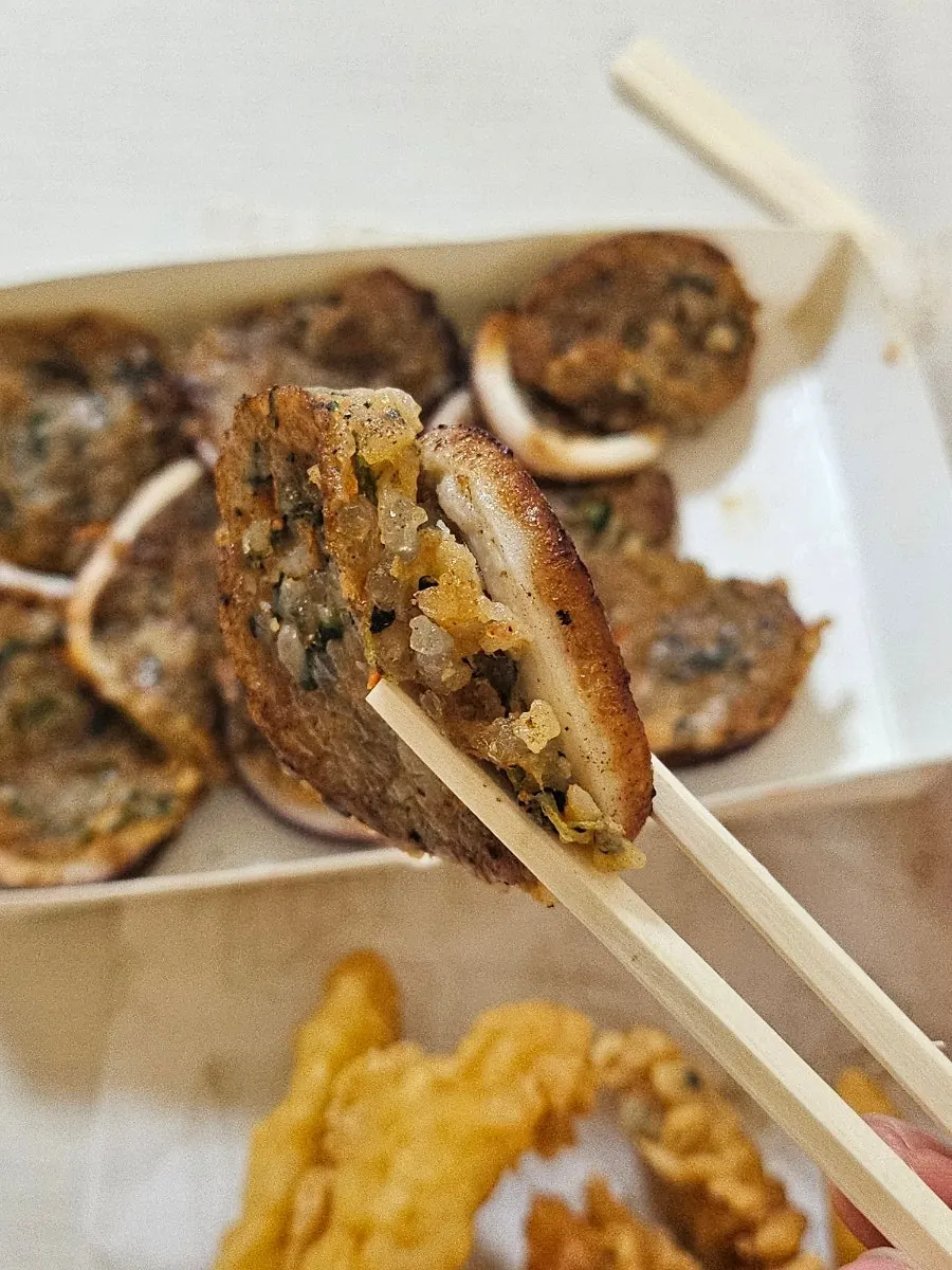 Golden, scorched surface of the nurungji squid sundae