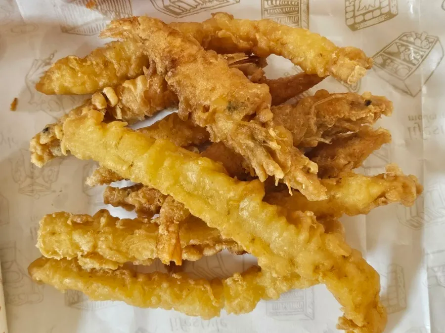 King prawn and squid tempura packed in a yellow bag