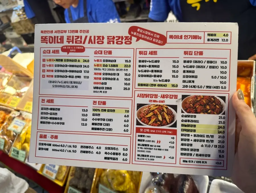 Variety of fried items displayed in front of Ttokine Twigim
