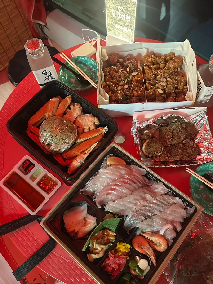 Sashimi spread laid out at the accommodation