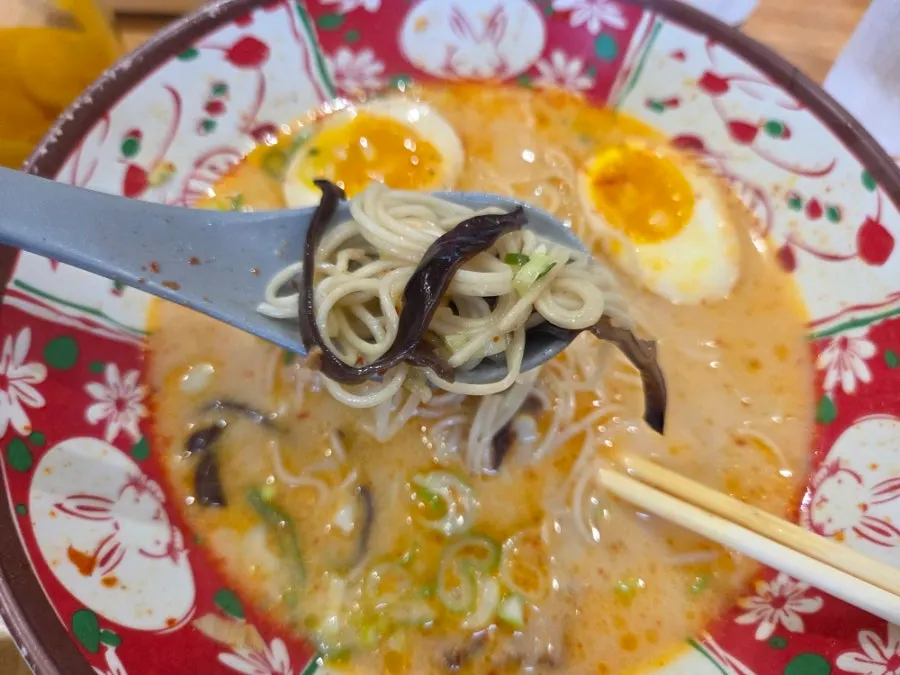 Noodles and wood ear mushrooms in the karai ramen