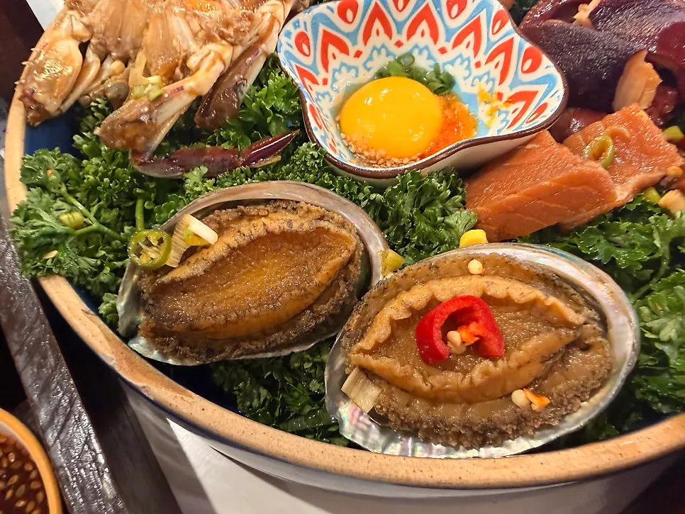 Soy-marinated octopus and scallops