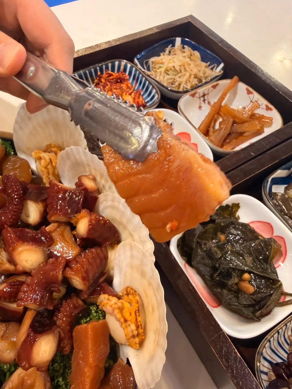 Soy-marinated octopus and salmon