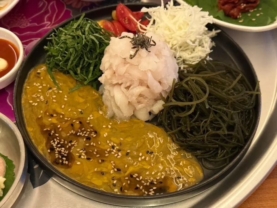 Potato salad topped with pollock roe