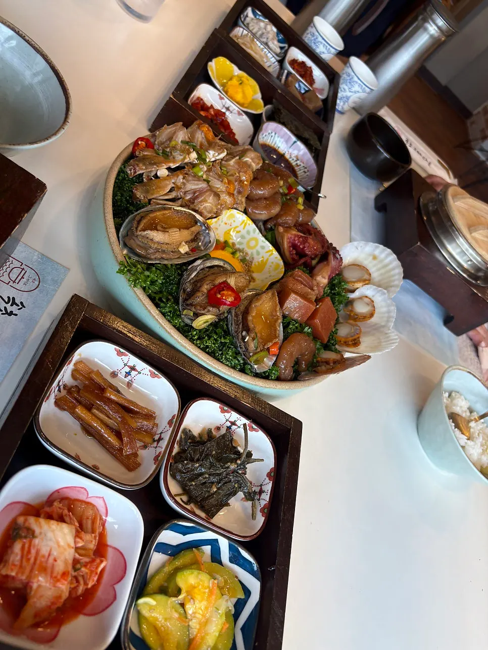 Full spread of the assorted seafood jang