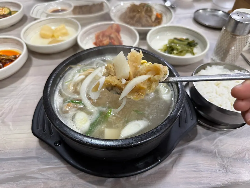 Close-up of the plump hwangtae pieces in the soup
