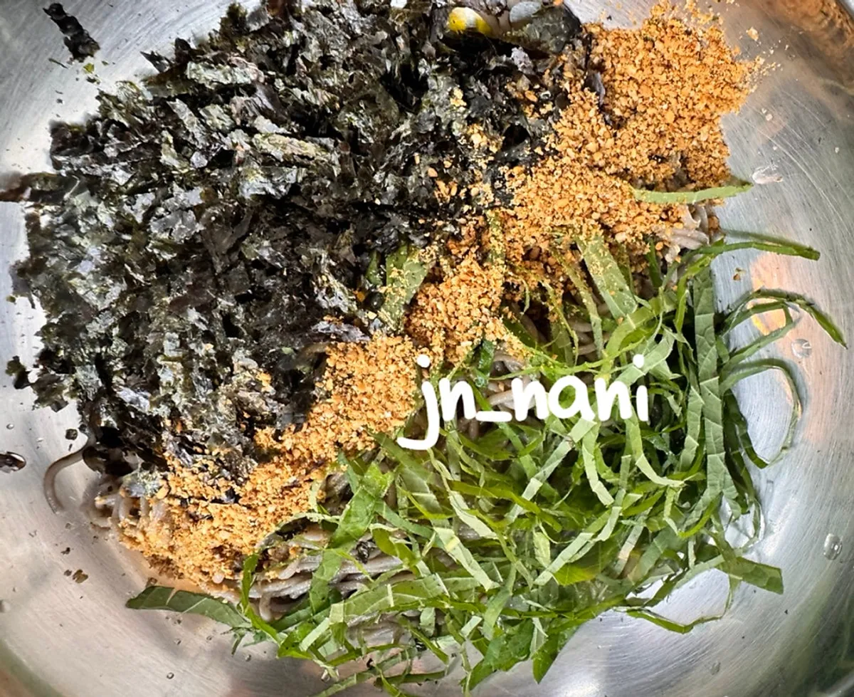 A bowl of deulmemak, perilla oil buckwheat noodles