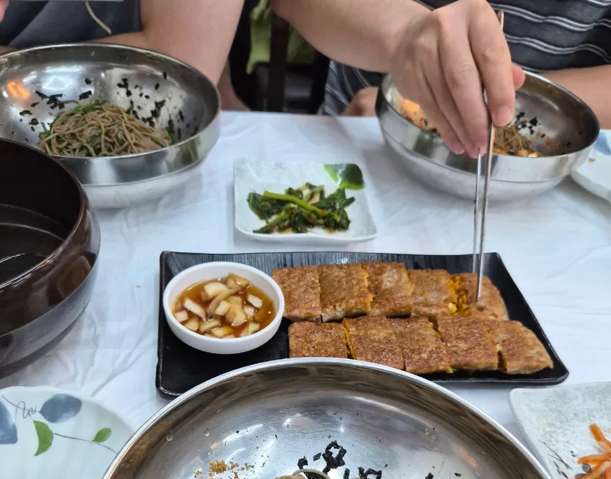 Freshly griddled warm buckwheat jeonbyeong