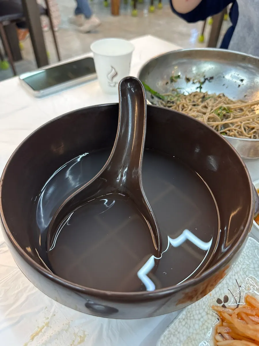 Close-up of buckwheat makguksu noodles