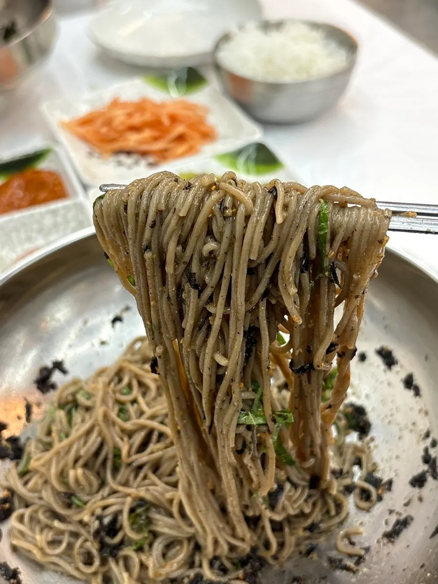 Close-up of buckwheat noodles lifted with chopsticks