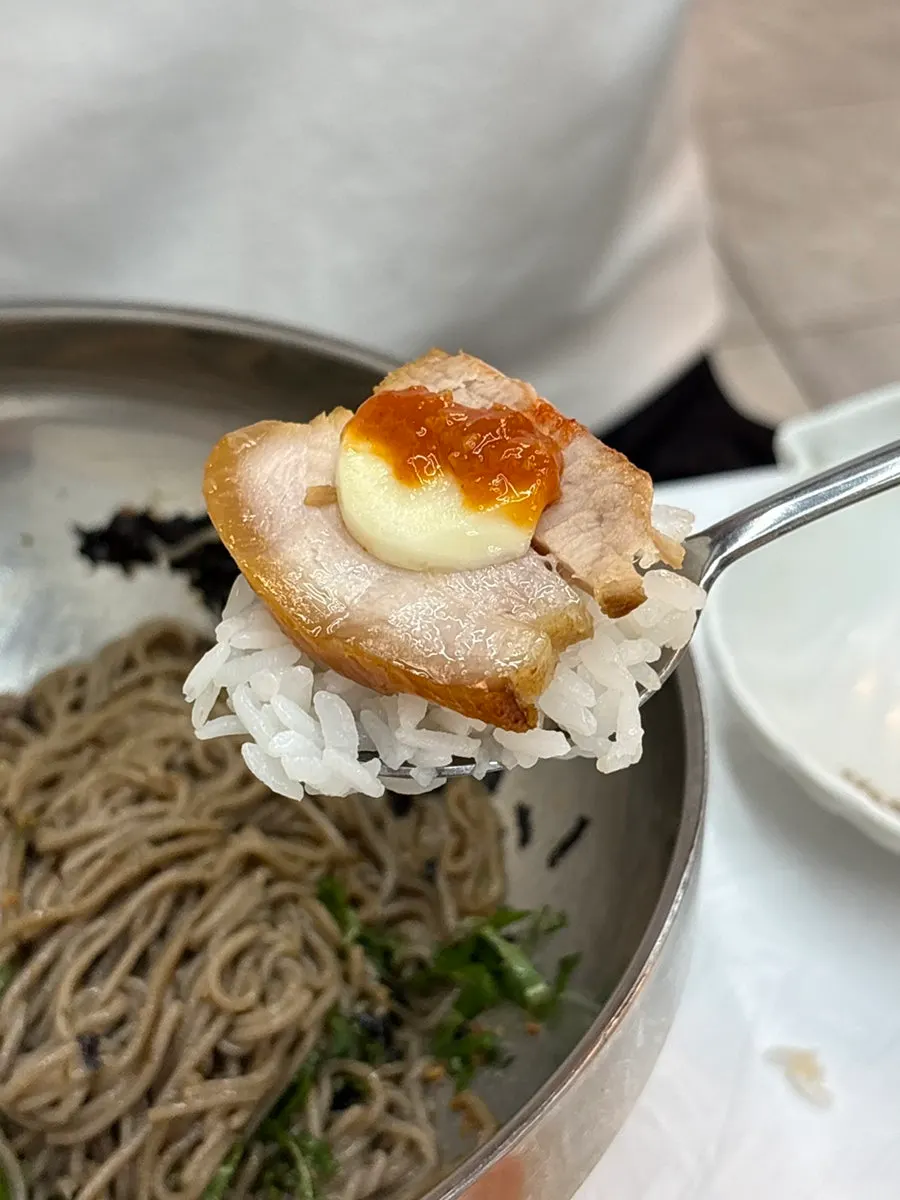 Friend's combo of rice topped with a piece of suyuk