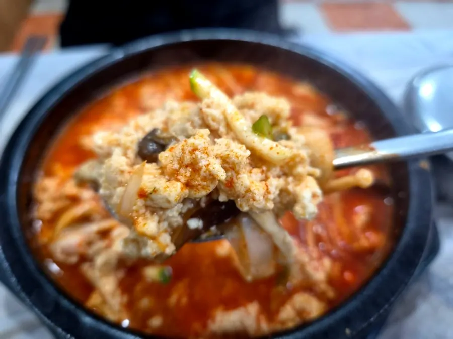 Spicy sundubu with a peppery broth
