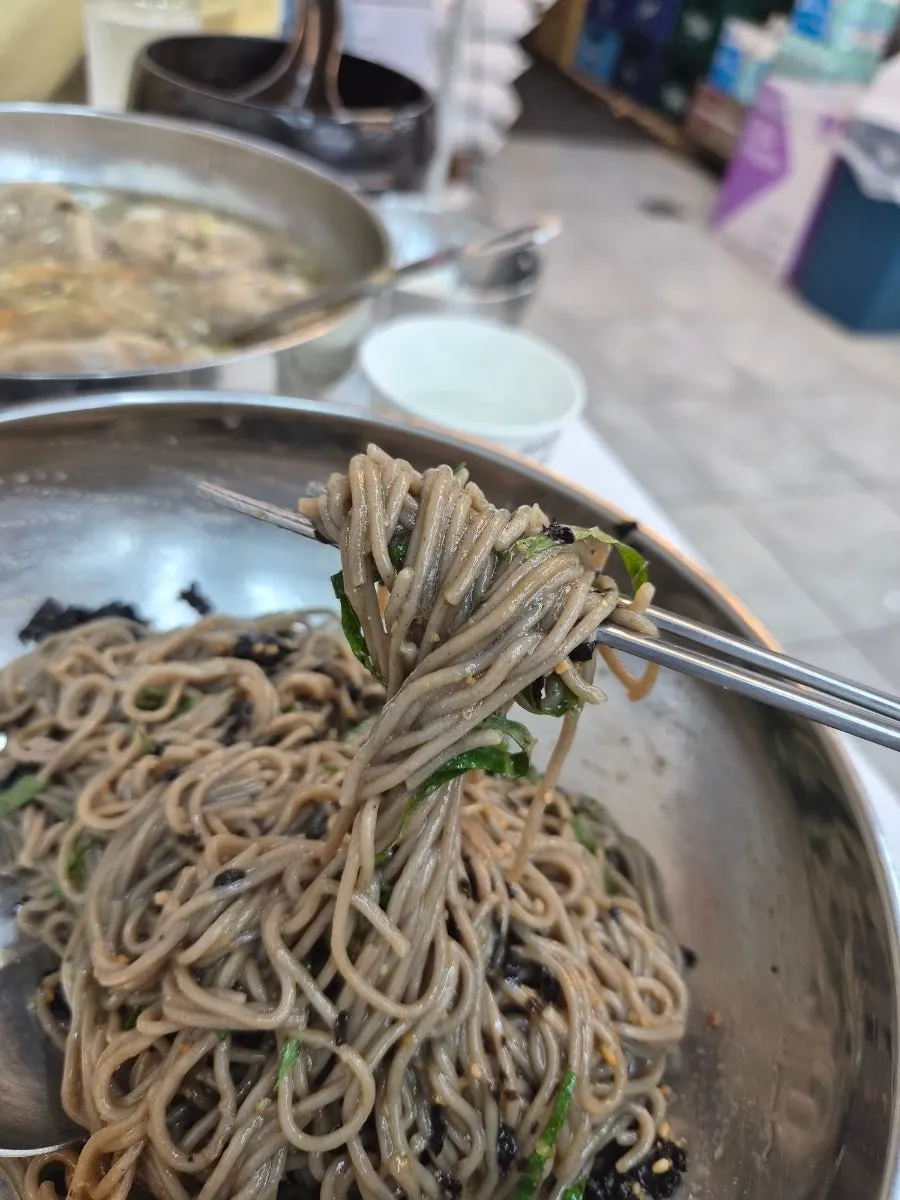 Close-up of house-made buckwheat noodles