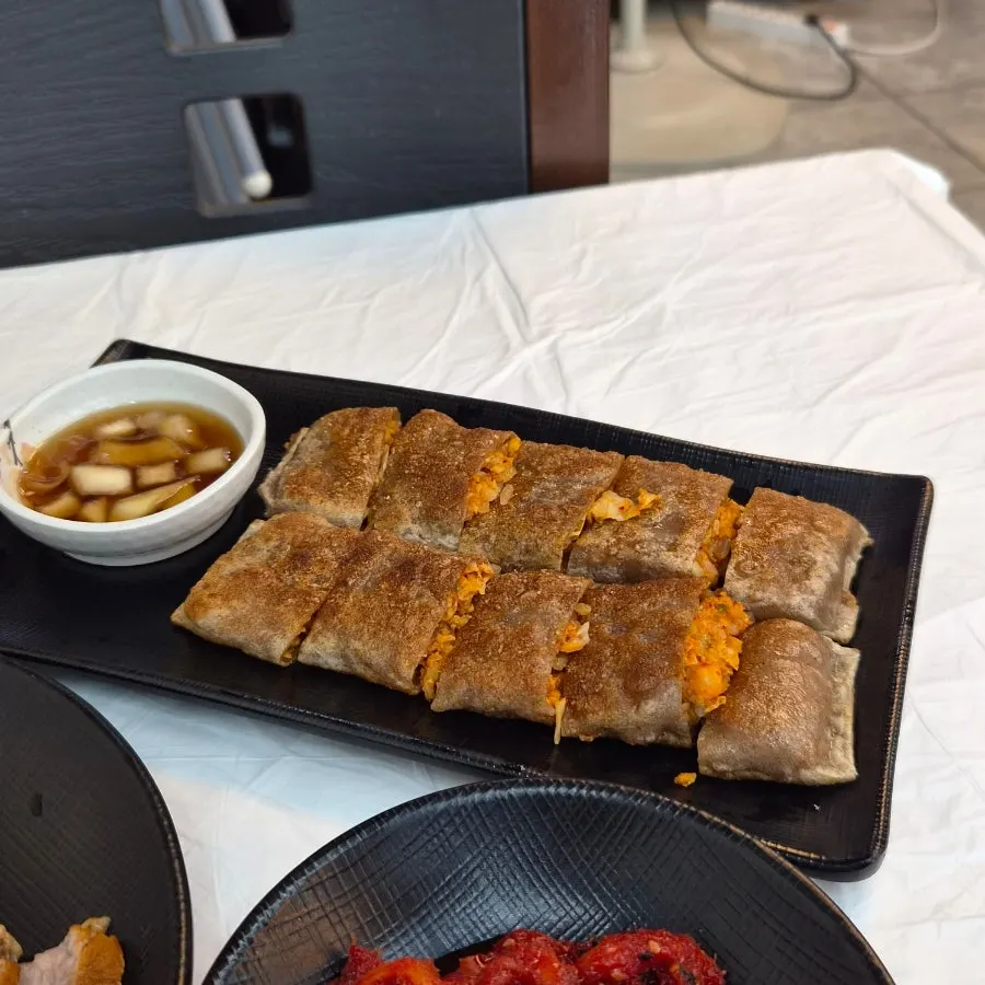 A plate of freshly served thick buckwheat jeonbyeong