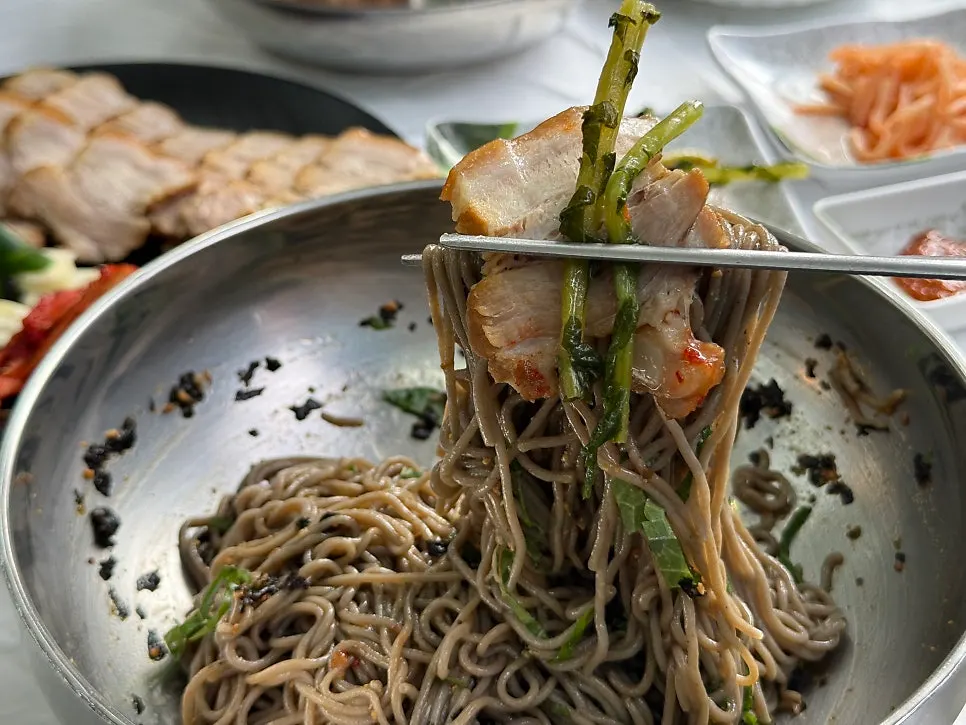 Springy buckwheat noodles lifted up with chopsticks