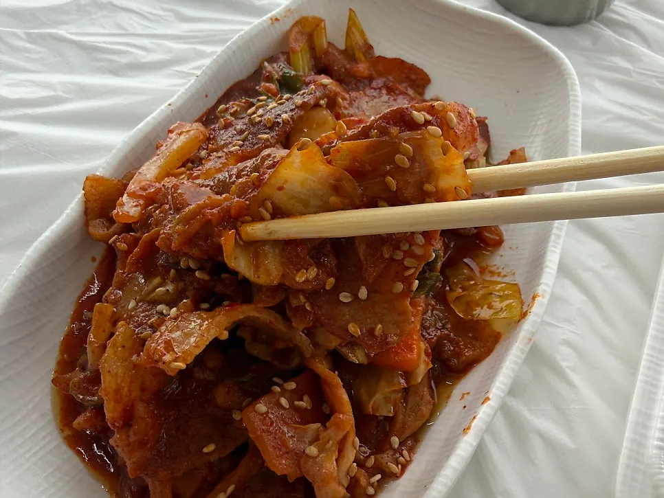 Close-up of jeyuk bokkeum with lean cuts of meat