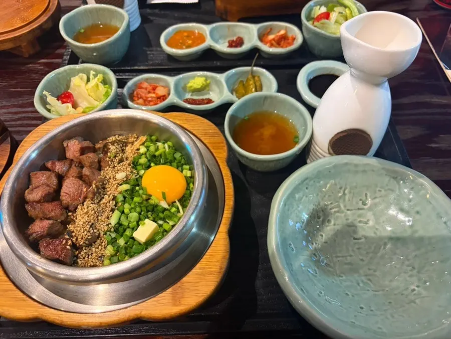 Steak pot rice table setting