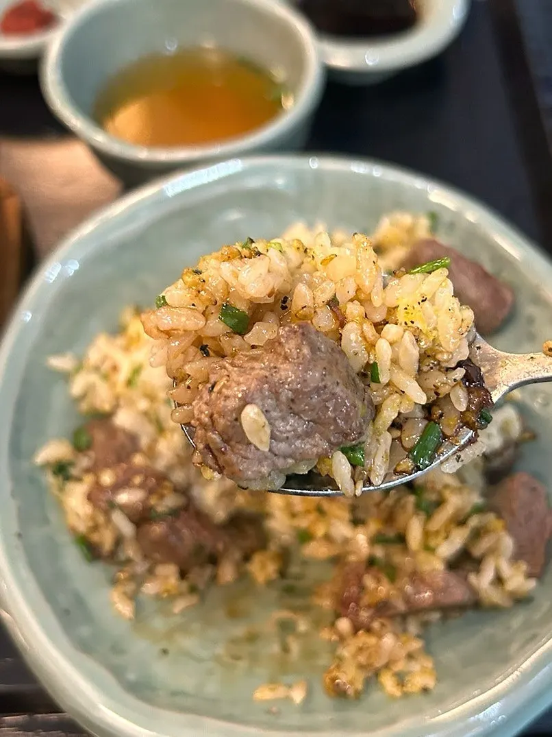 Mixed steak pot rice scooped into a bowl