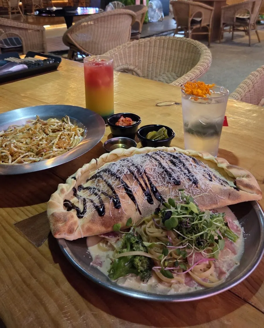 Table set with cream calzone and Mongolian fried rice