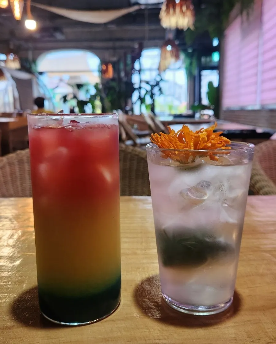 Tropical juice with rainbow-colored hibiscus tea swirled in