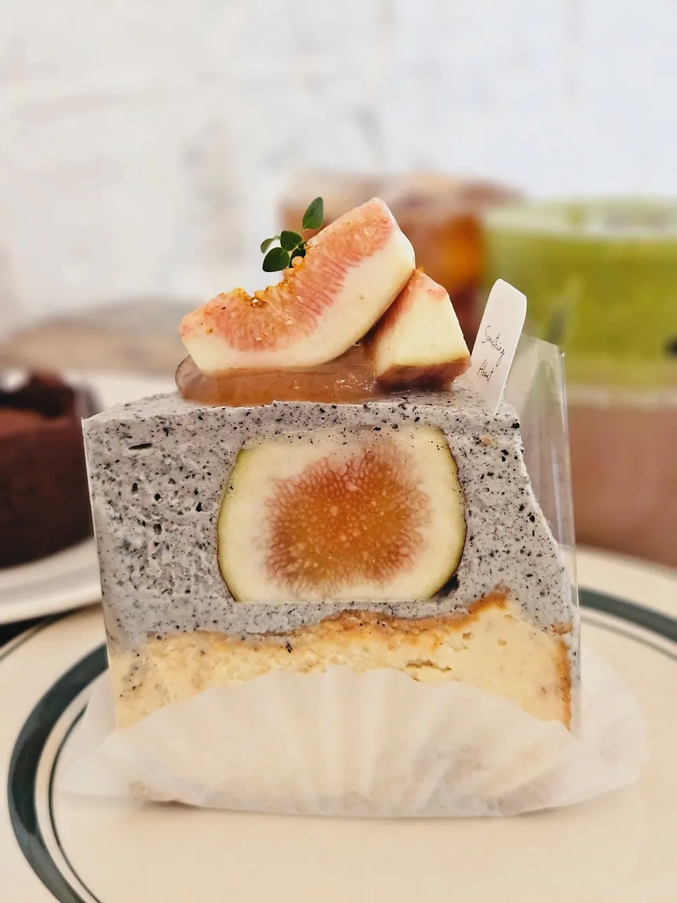 Cross-section of the black sesame fig cheesecake