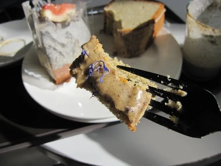 Cut Earl Grey pound cake showing the crumb
