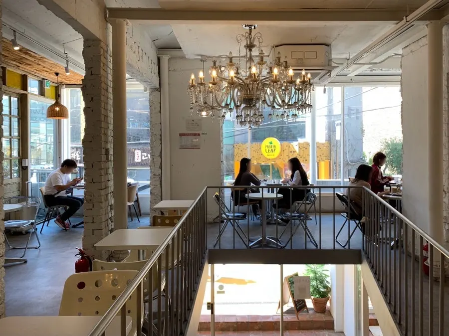 2nd floor space with brick pillars and chandelier