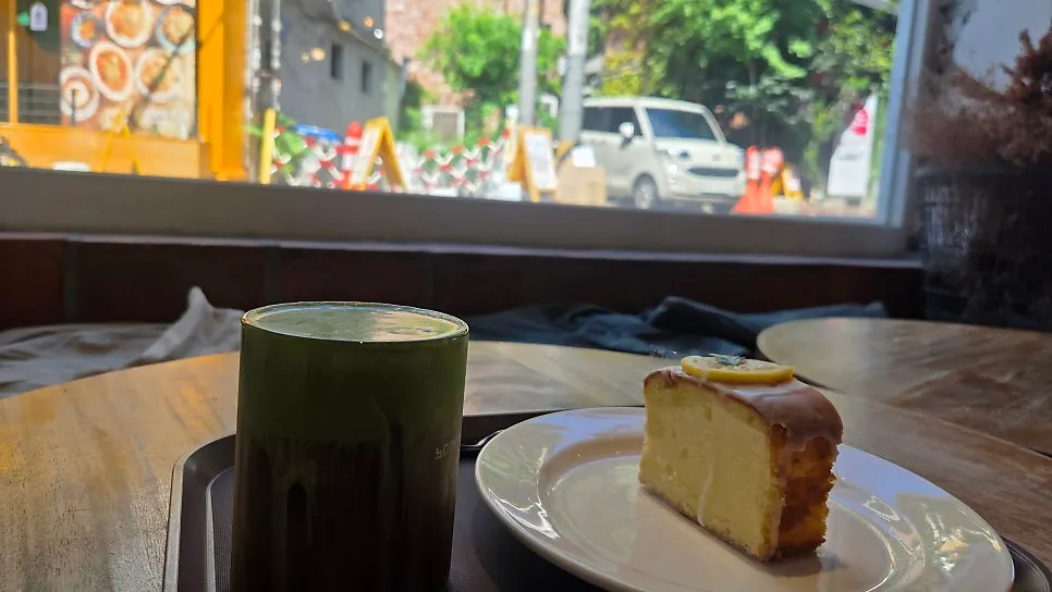 Matcha cream cold brew and lemon pound cake