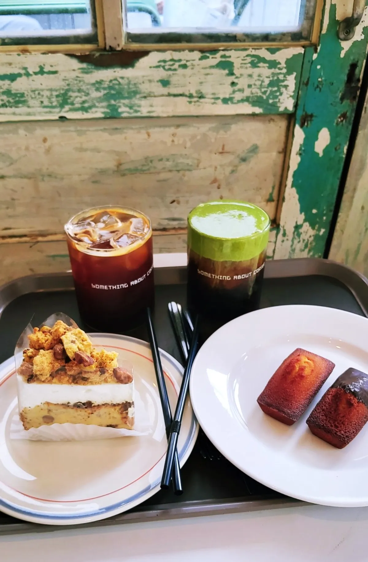 Tea-time table with matcha cream cold brew and cake