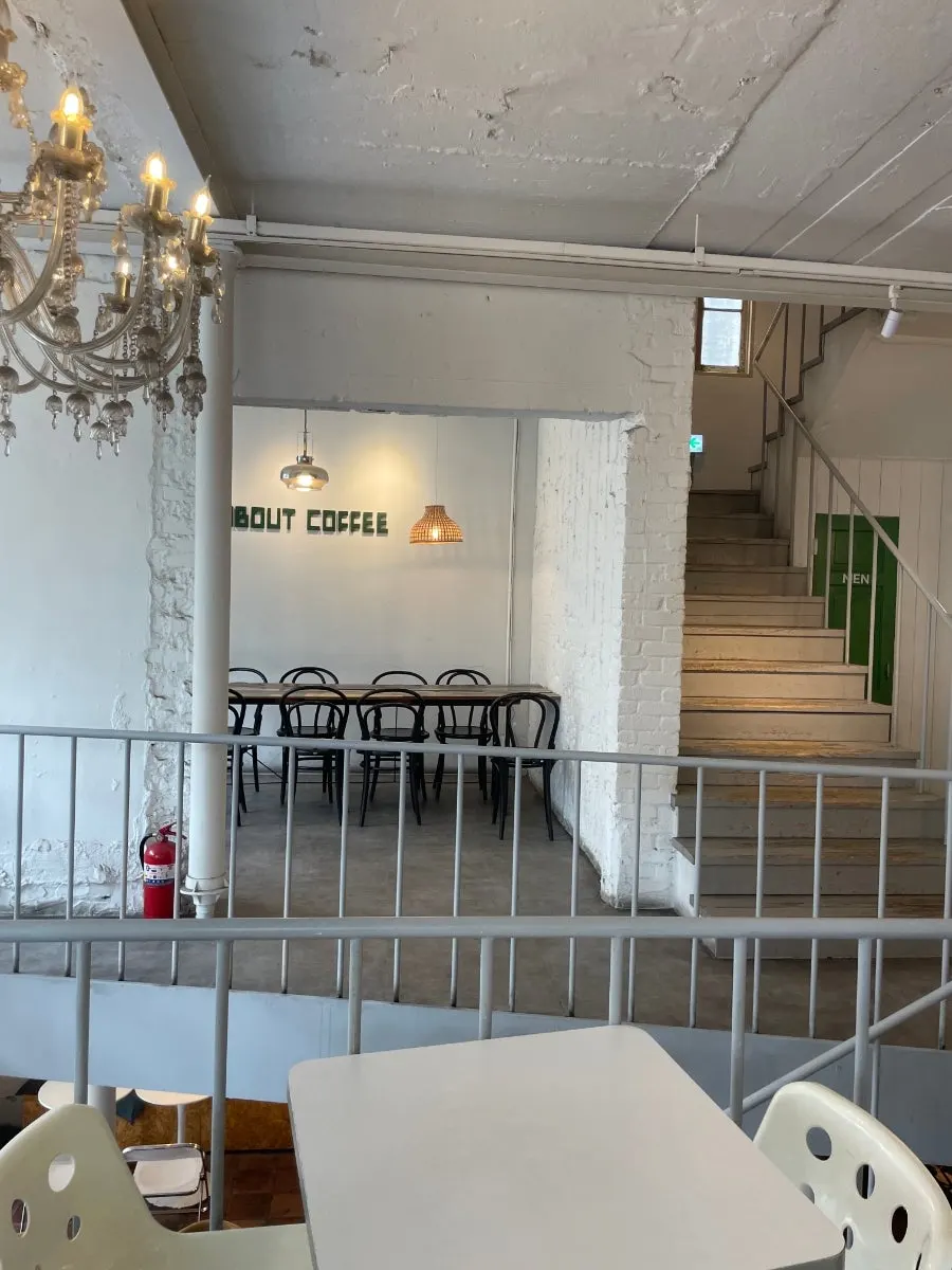 Interior seating view on the 2nd floor of Something About Coffee