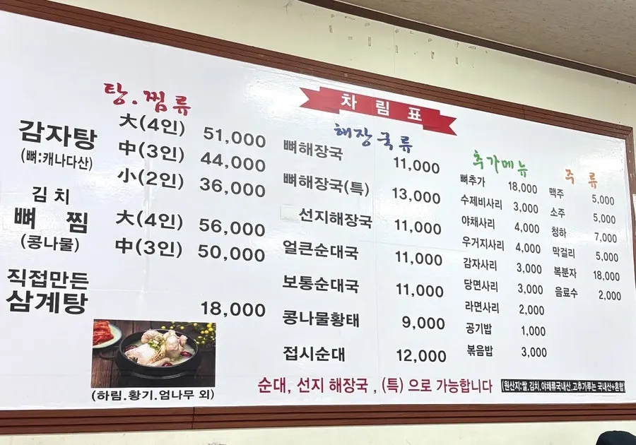 Menu board listing gamjatang, ppyeo haejangguk, and sundaeguk