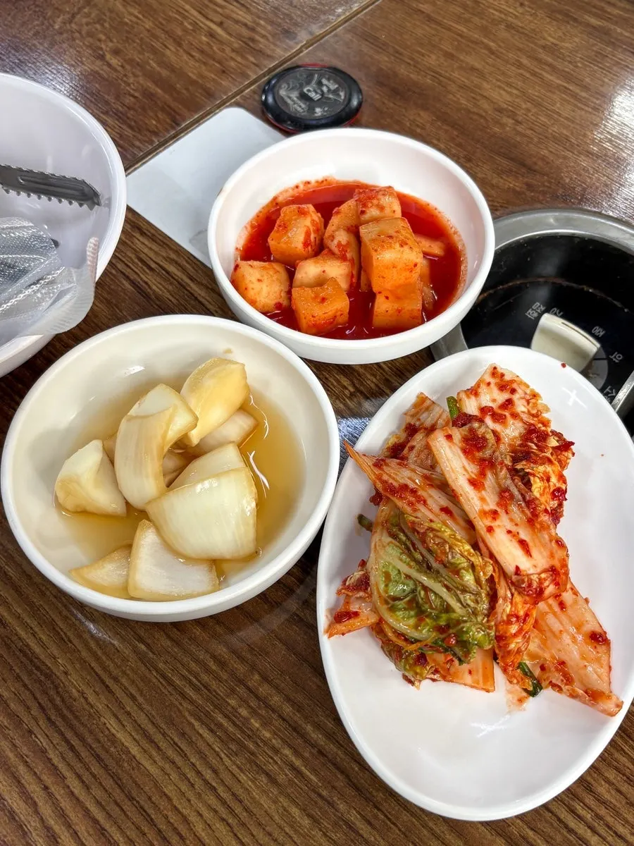 Three side dishes: pickled onions, kimchi, and kkakdugi