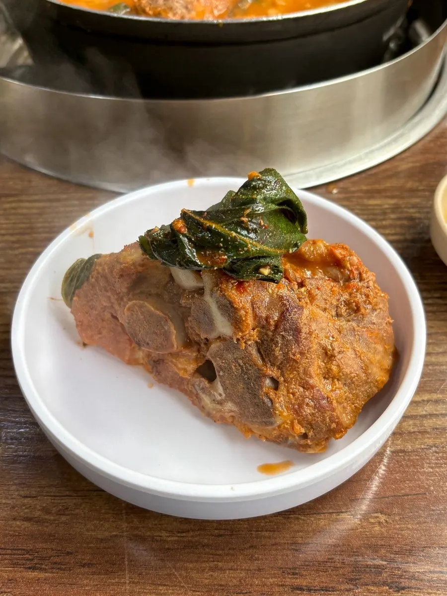 A large gamjatang spine bone with meat attached