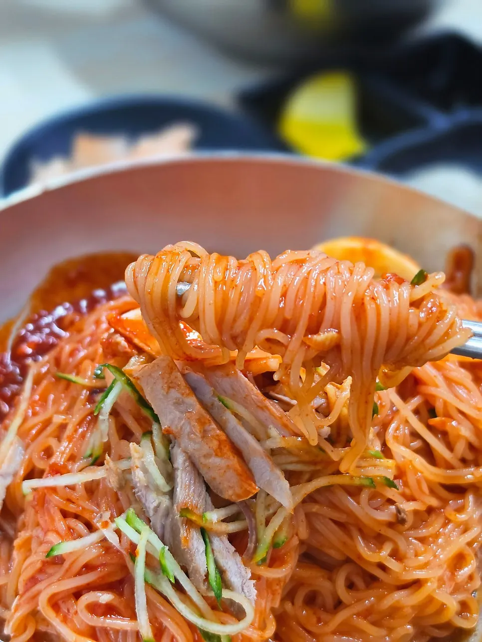 Bibim milmyeon evenly mixed with sauce