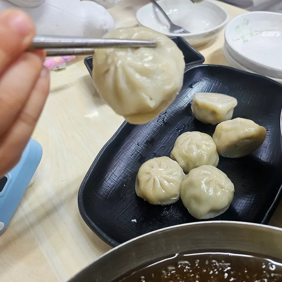 A plate of warm dumplings dipped in soy sauce