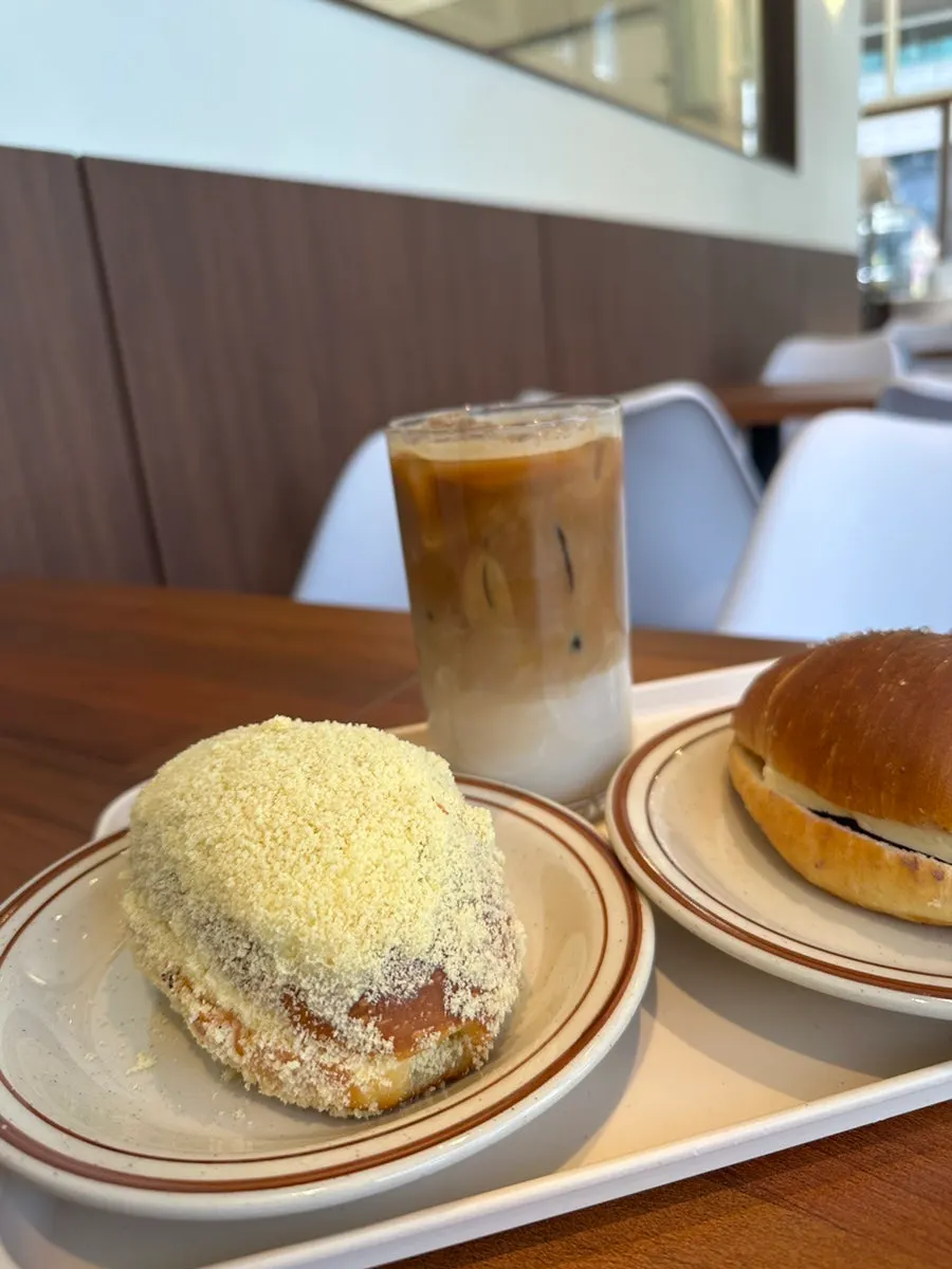 Castella salt bread, red-bean-butter salt bread, and iced café latte