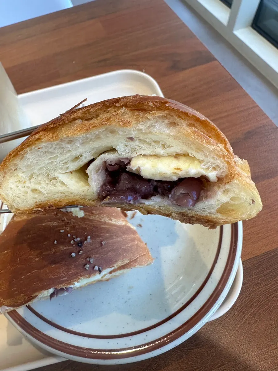 Cross-section of castella salt bread showing the cream filling