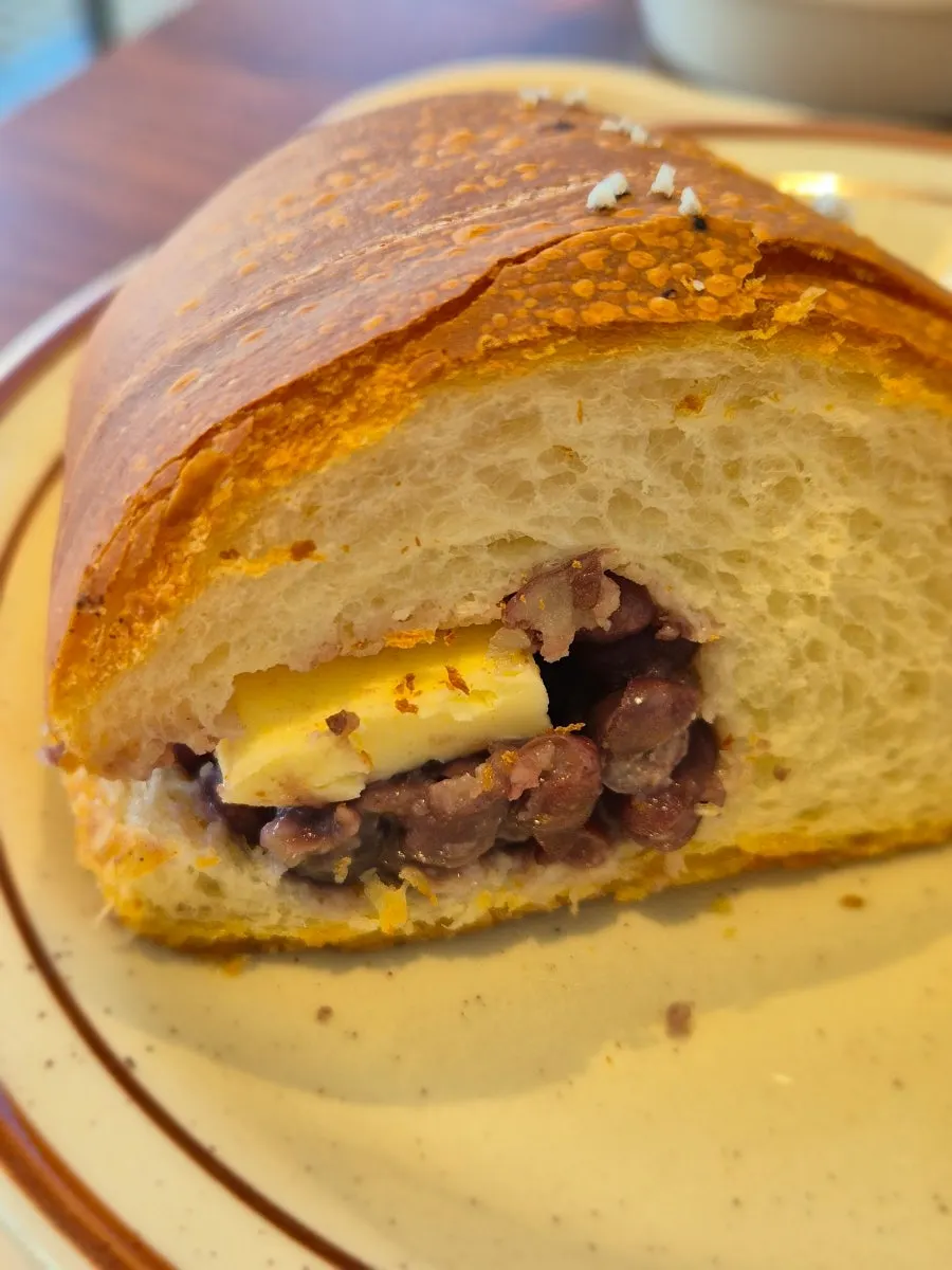 Whole red beans and butter in house-made red-bean butter salt bread
