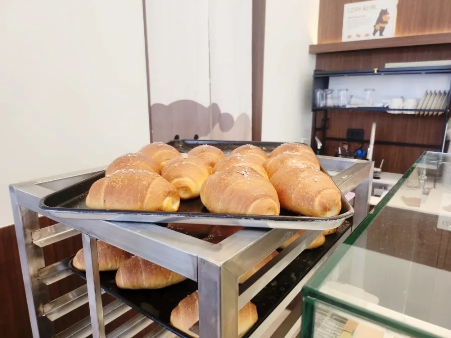 Cross-section of basic salt bread, crispy outside and moist inside